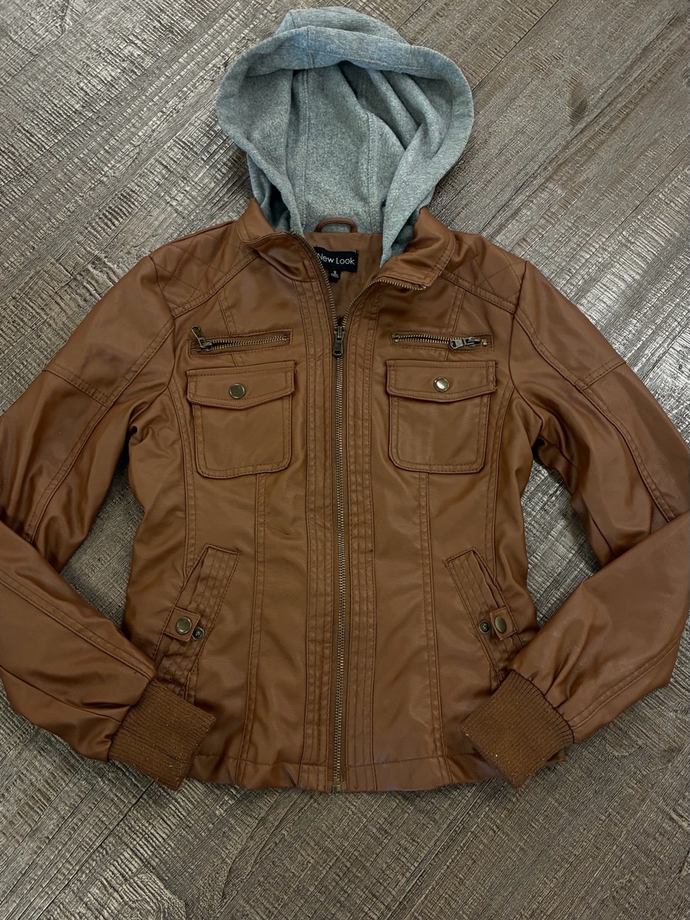 New Look Women's/juniors Tan Faux Leather Hooded Jacket full zip size small